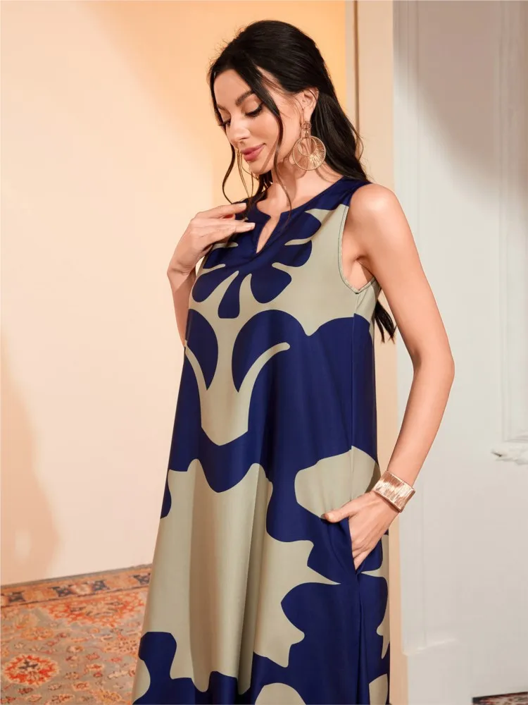 여성용 뉴 빈티지 캐주얼 프린트 드레스 봄 여름 우아한 브이넥 민소매 파티 맥시 드레스 여성 보헤미안 루즈 드레스