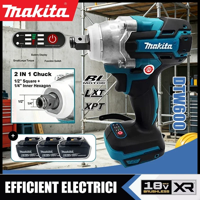 Makita DTW600 3100IPM 18V Cordless Wrench 1/2Inch Brushless Screwdriver Rechargable Electric Screwdriver Vehicle Service Tool