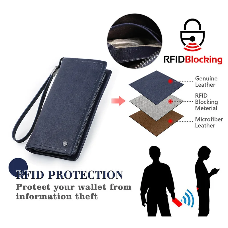 Men's Genuine Cowhide Leather RFID Clutch Bag - Anti-Theft Wrist Clutch with Extended Foldable Design & Card Organizer