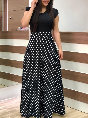 Vestido midi elegante de lunares primavera/verano: corte y llamarada sexy, tejido cómodo, fácil de cuidar