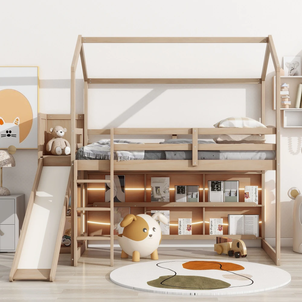 Twin Size Wood House Loft bed with Slide, Storage shelves and Light, Climbing Ramp, Wood Color