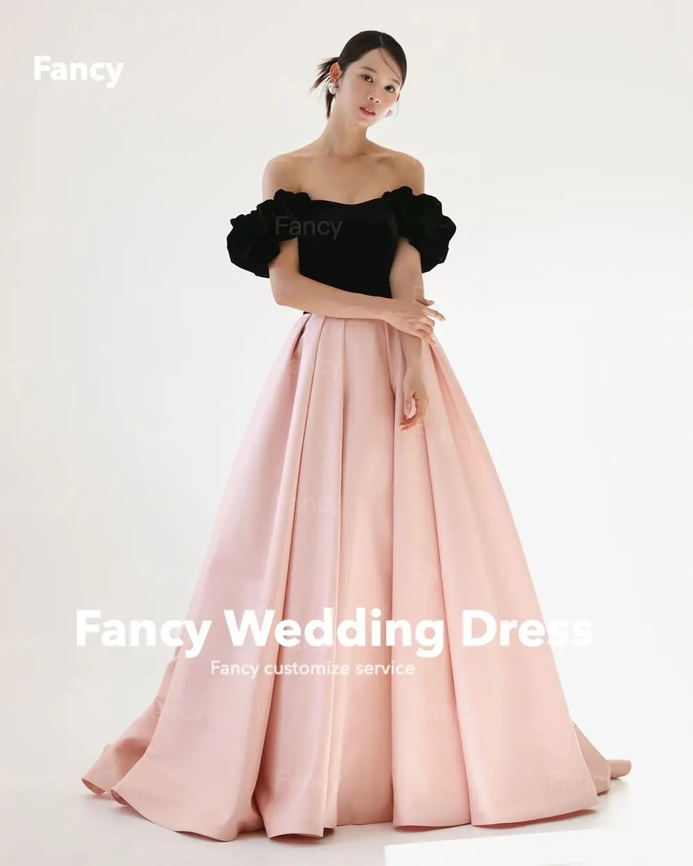 Fancy Contrast Color Pink And Black Evening Party Dresses Off Shoulder Detachable Sleeves Wedding Photo shoot Korea Customized