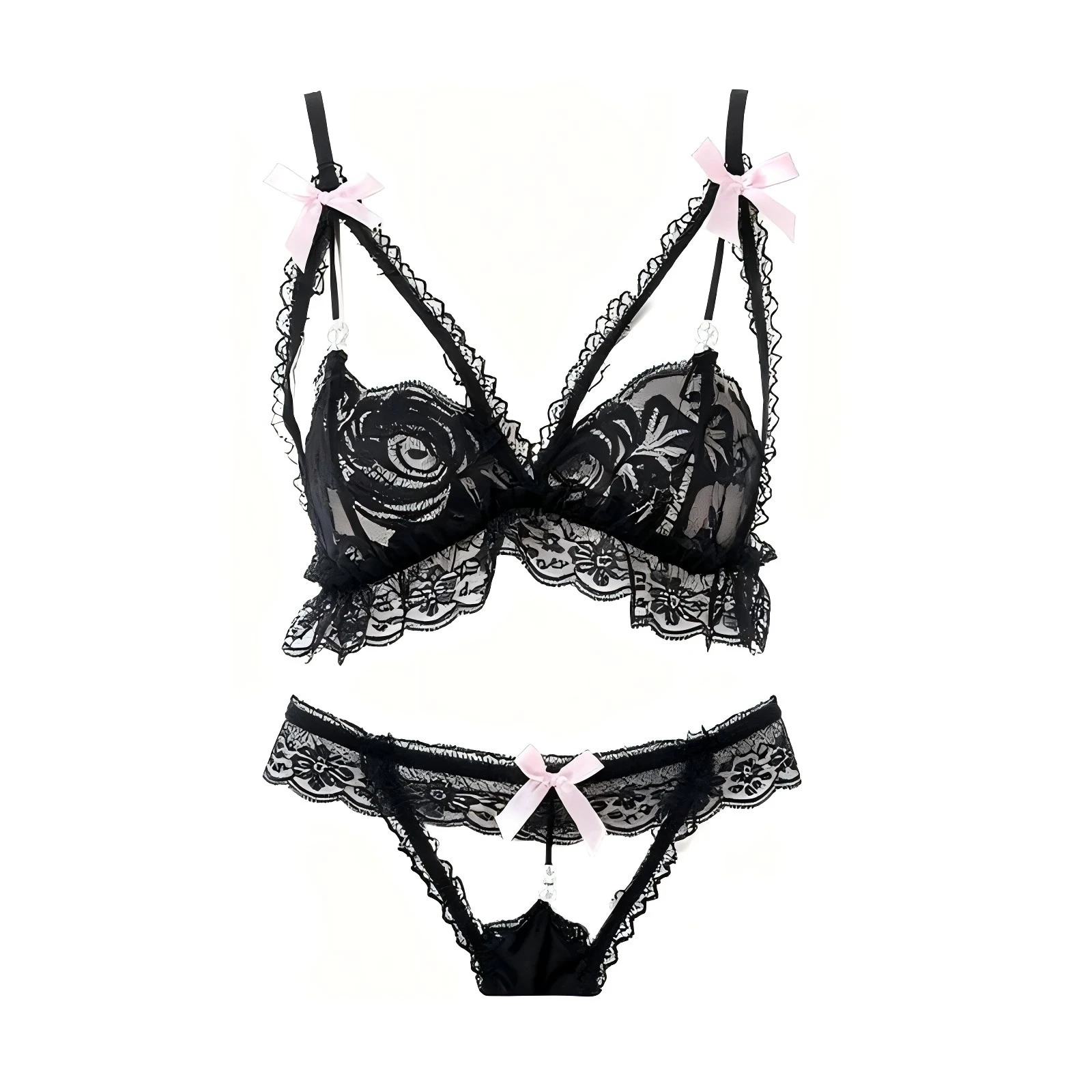 Sexy Bras Lingerie Trasparente Women Night Outfit Sets Bow Pearl Deep V Bra Crotchless Thong Set Sexy Two Piece Underwear Set