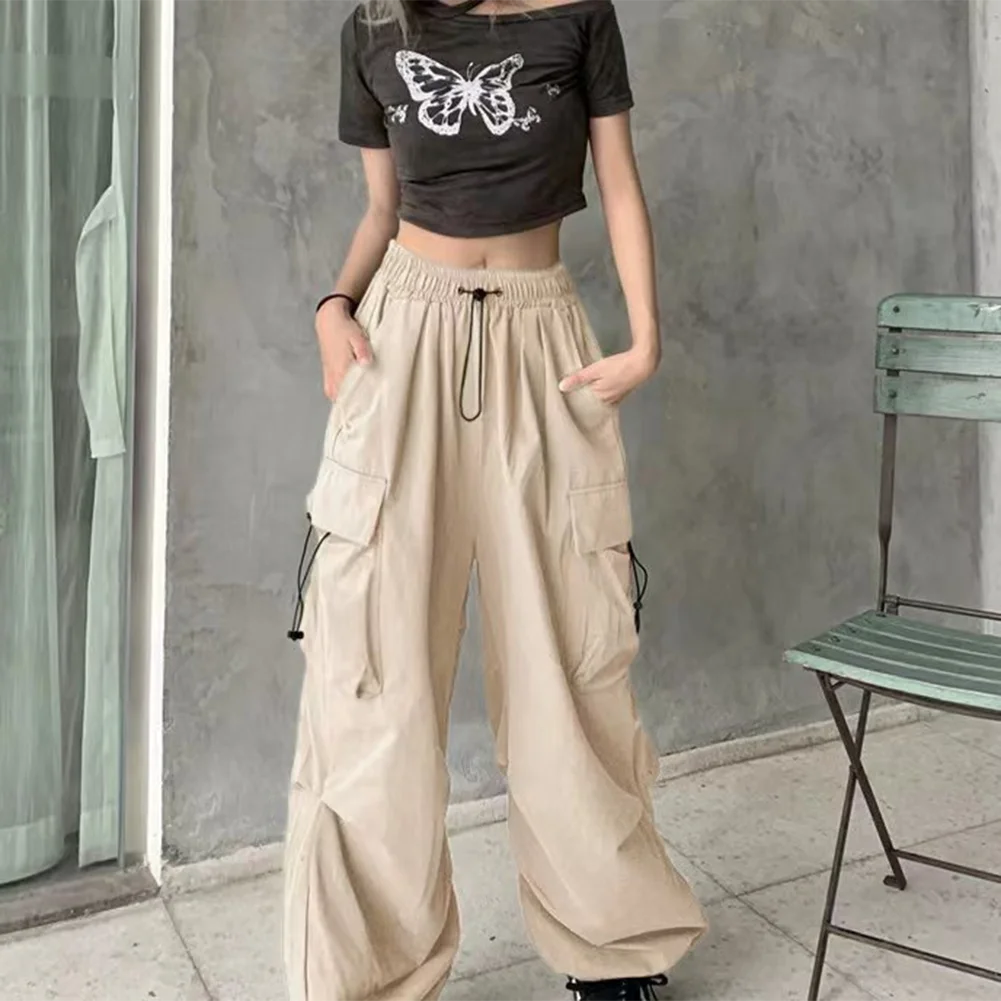 Fashion Y2k Women\'s Cargo Pants Streetwear Vintage Pockets Elastic Waist Baggy Drawstring Wide Leg Pants Trousers Clothing