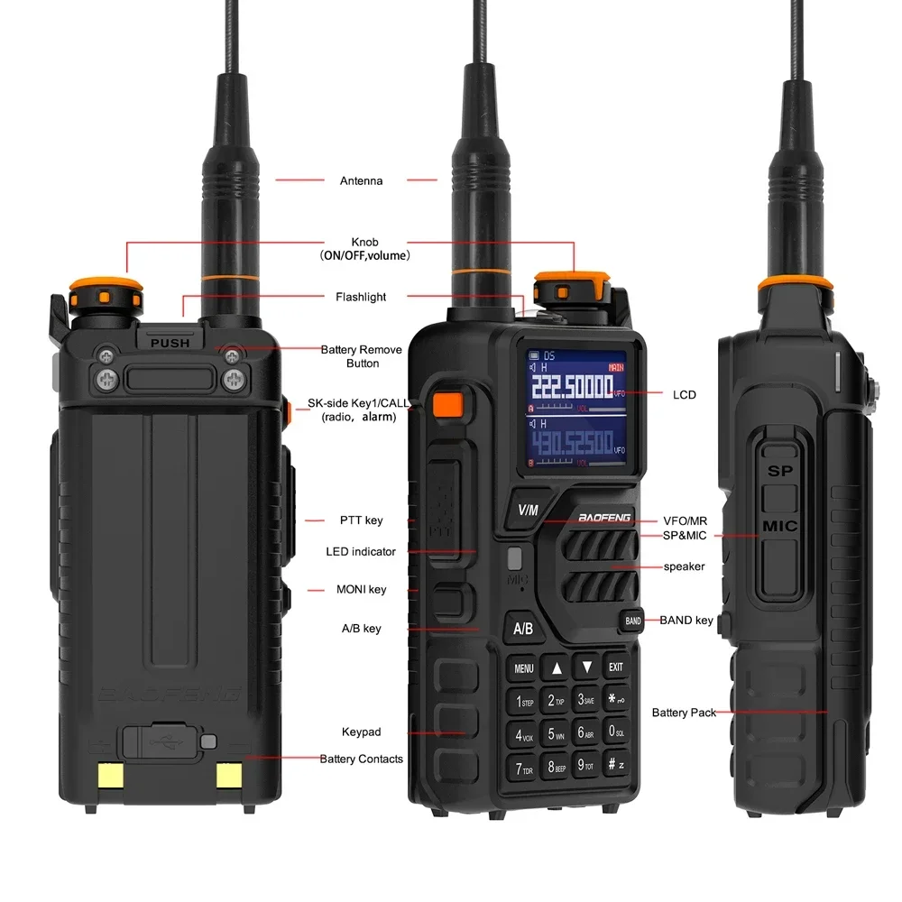 Walkie-talkie sem fio Baofeng-K5Plus, um botão para frequência, carregamento direto tipo C para canteiro de obras ao ar livre, camping