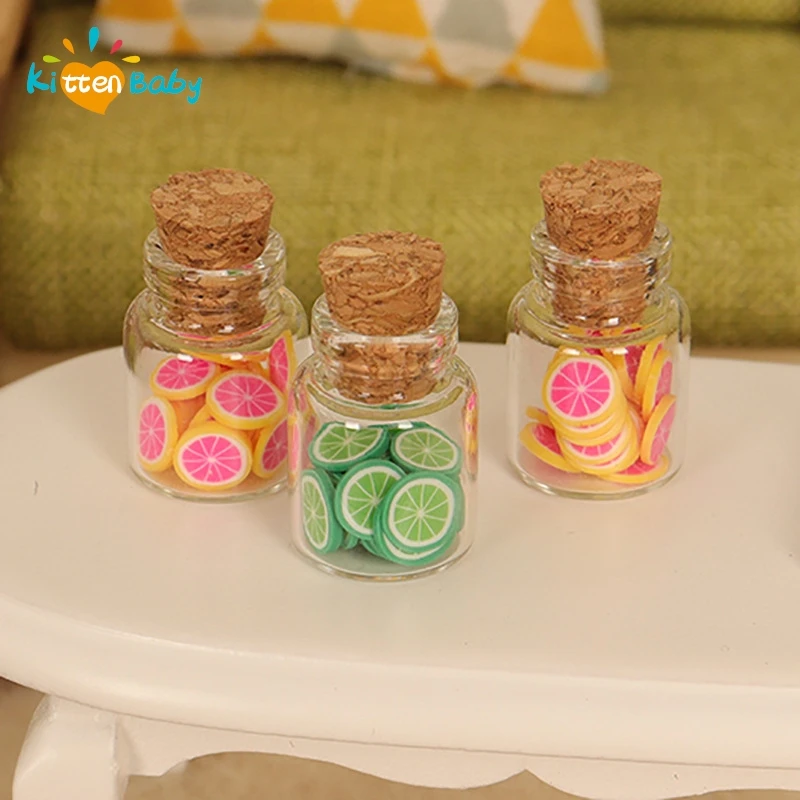 3Pcs Dollhouse Miniature Canned Food Jar Model Fake Fruit Slices Simulation Candy Snack Glass Bottle Mini Kid Kitchen Ornament