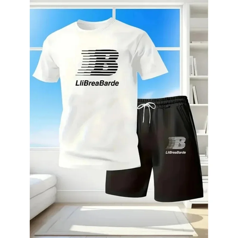

2026 new summer men's quick-dry short-sleeved T-shirt set, fashionable two-piece sportswear, casual shorts, men's sports suit