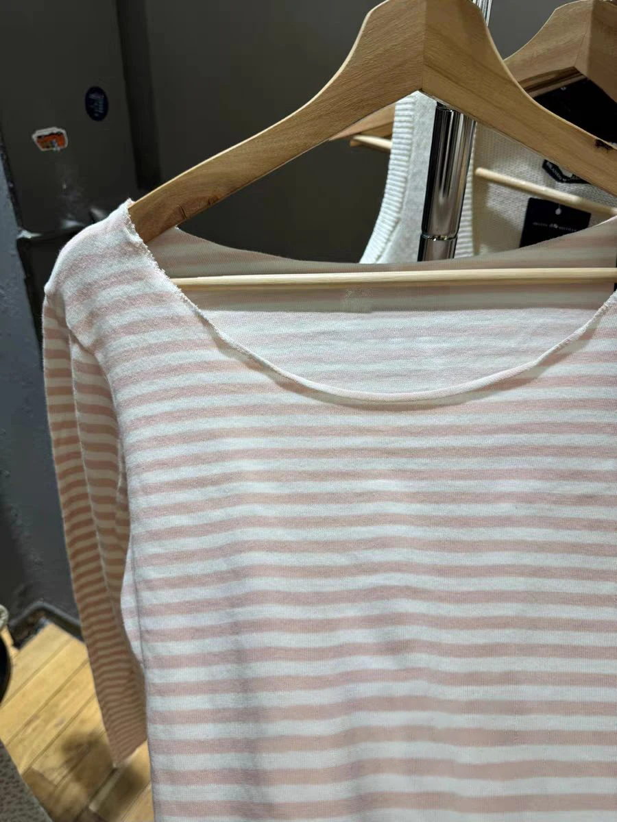 New Sweet Pink Striped Long Sleeve T-shirt Women Spring Cotton Raw Hem Slash Neck Slim Tee Tops Casual Preppy Style Y2K T shirt