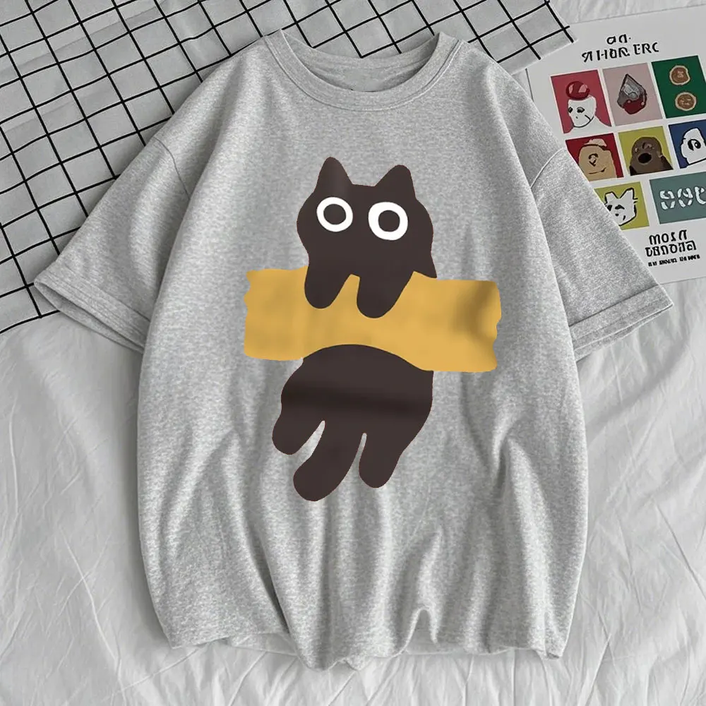 Fun Adhesive Tape Cat Print Japanese Style Short Sleeve Men Women Cotton Loose T-Shirts Fit Sweatshirt for Daily Wear