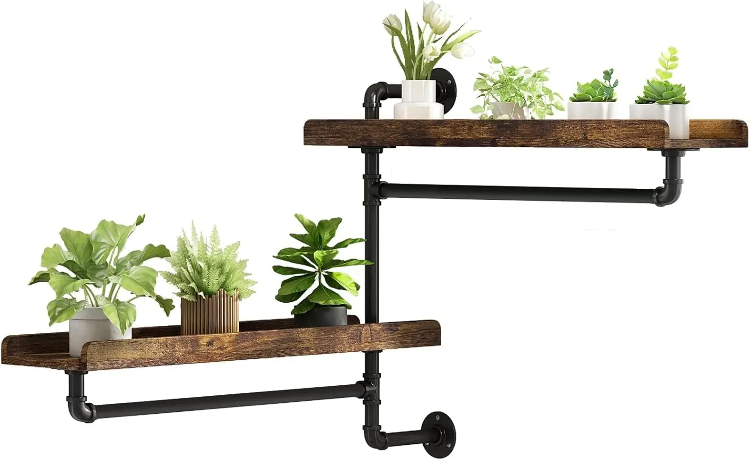 

Rotating Floating Wall Shelves with Industrial Pipe, Waterproof Wood Plant Shelf for Home Decor & Plants, 2-Layer