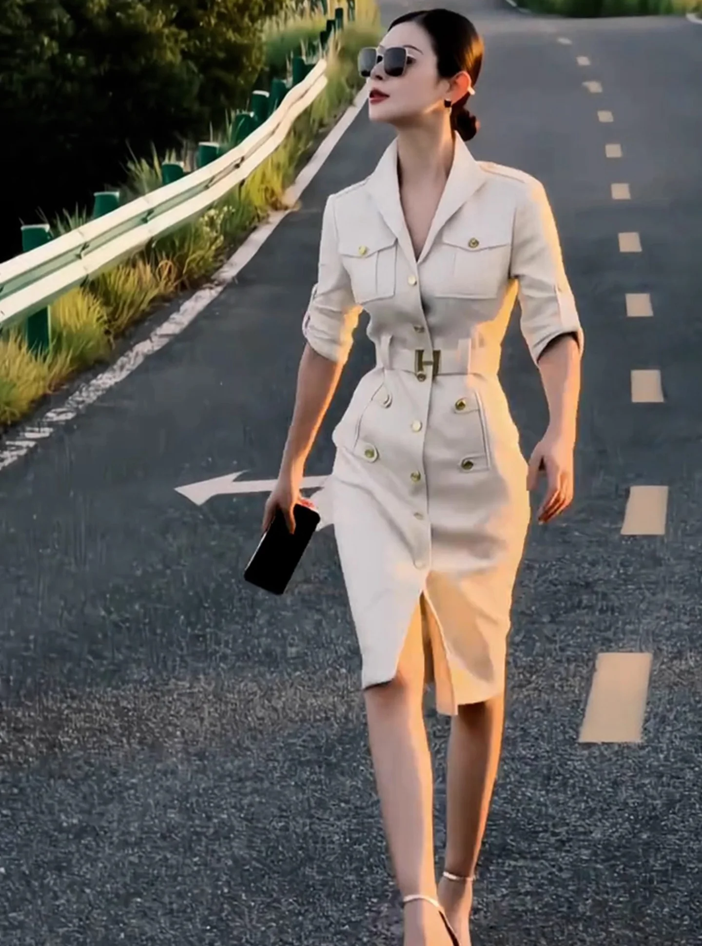 

Ele High Waist A-Line Dr Luxury Sensation Skirt Casual Sle Polyester Fiber Long Sve Slim Fit Turn down Collar