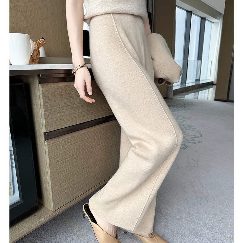 

100% Pure Cashmere Pants Women's High Waisted Knitted Wide Leg Pants Autumn Winter Casual Straight Leg Pants Versatile High-end