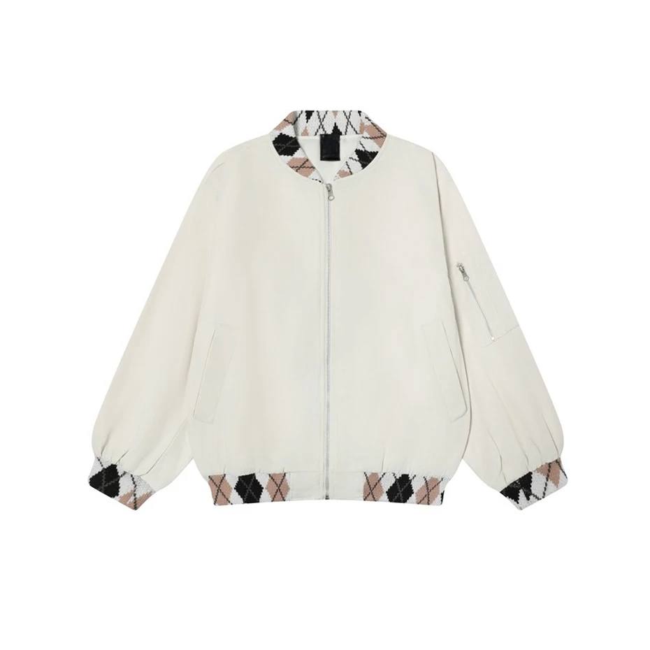 Knitted Splicing Bomber Jacket Mens Streetwear Harajuku Loose Casual Coats Oversized Vintage Fashion Cargo Jacket Male