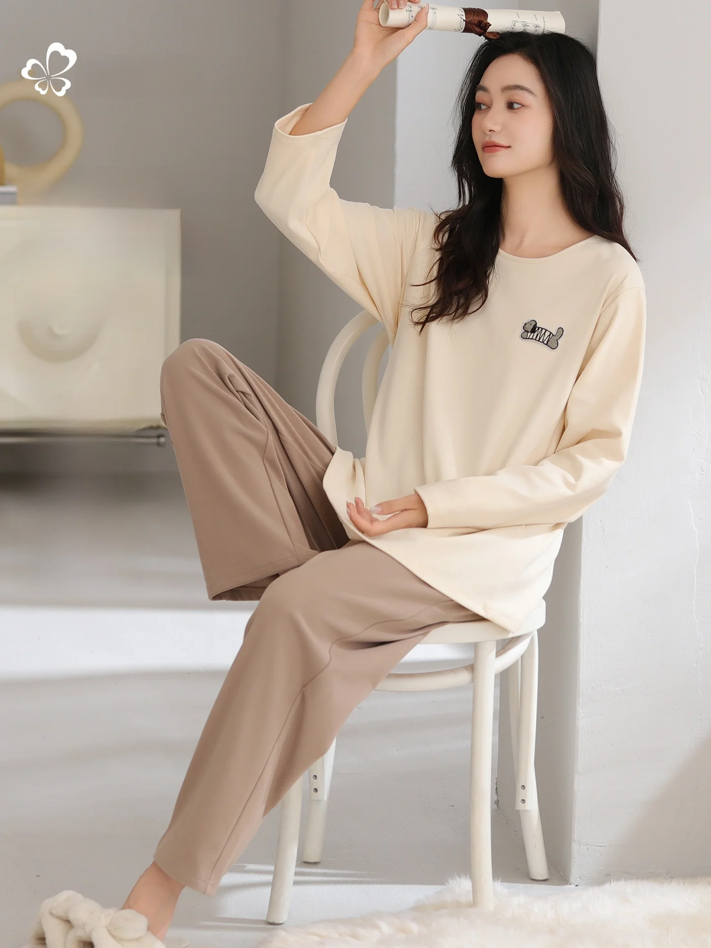 Double-Sided Flocking Long Sleeve Sleepwear Women's Style Winter Warm Home Clothes Soft Polyester Elastic Fiber Straight Leg