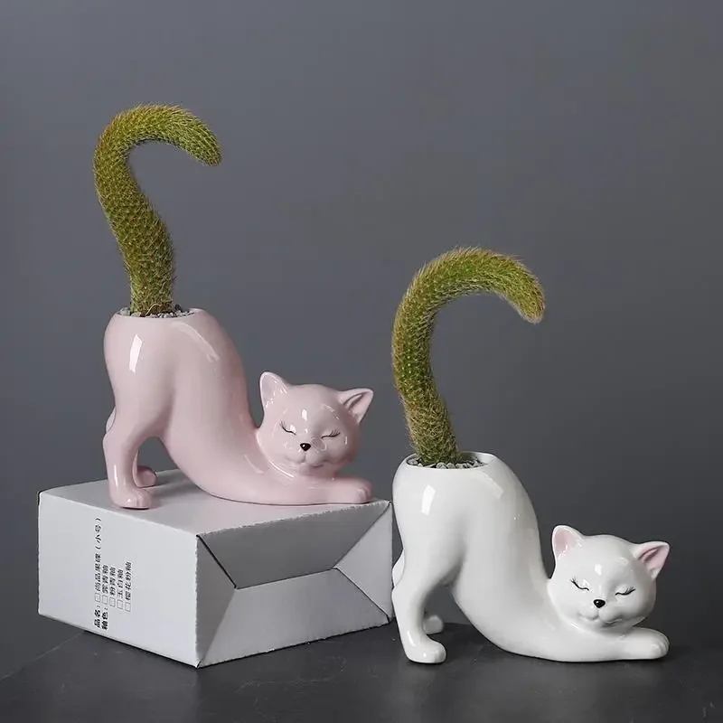 Cat Shaped Flowerpot Ceramic Cartoon Cute Cat Indoor Balcony Plant Monkey Tail Cactus Flower Tool