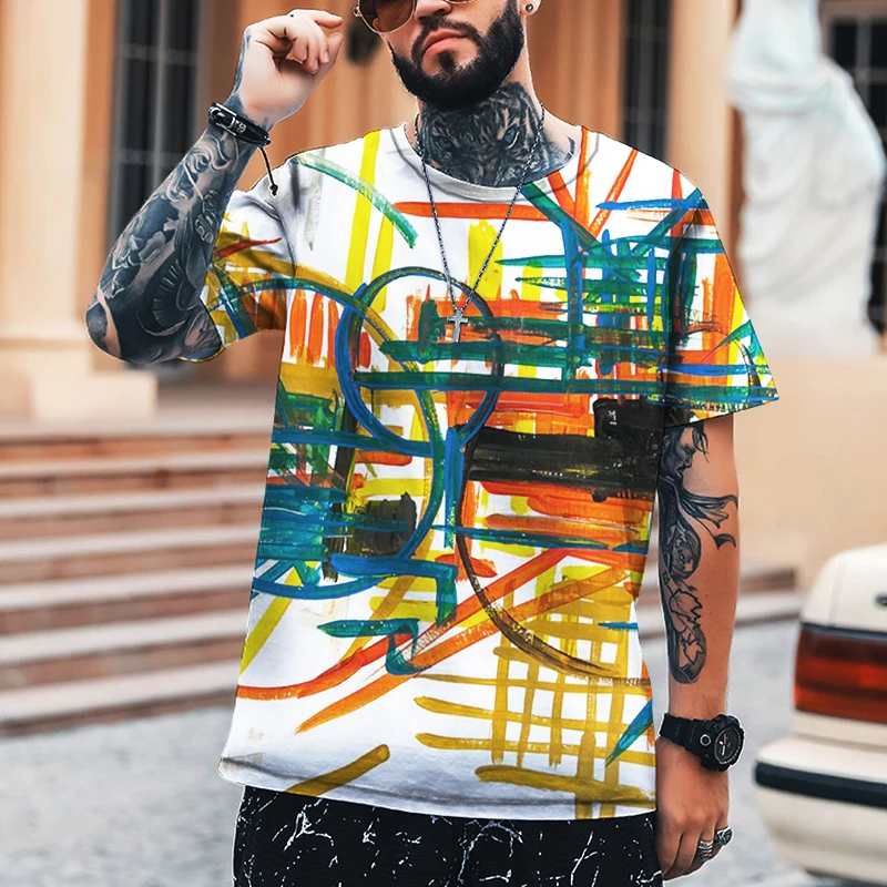 Men's Spring And Summer Short Sleeve T-shirt Retro Geometric Abstract Art Street Hip Hop T-shirt Leica Polyester Top Plus Size