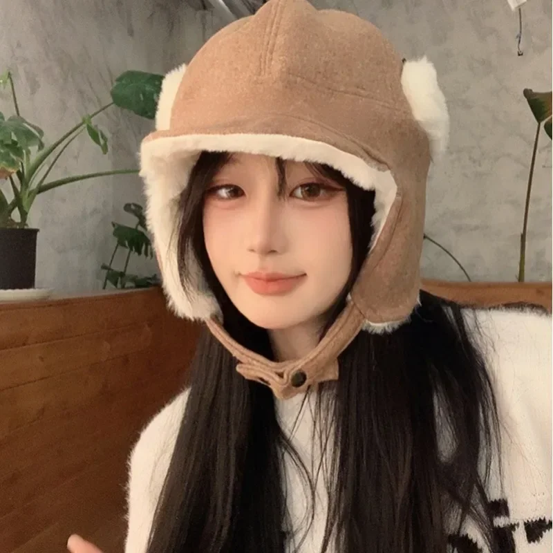 

Autumn and Winter Korean Versatile Show Face Small Warm Bomber Hats for Women Fleece Ear Protectors Retro Casual Pilot Caps