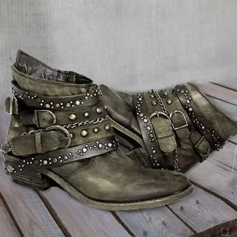 Europe America Women Boots PU Square Heel Round Toe Side Zipper British Style Korean Style Rivet Belt Buckle Womens Shoes New