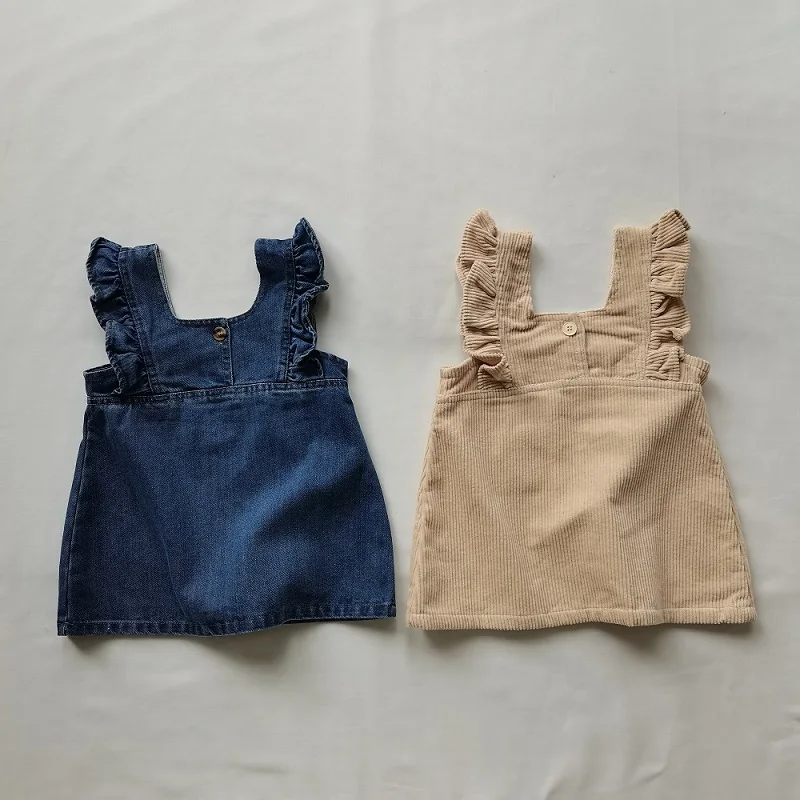 2024 Summer Baby Dress denim camisole girl princess dress 0-6 years old cute solid color corduroy girl shoulder dress