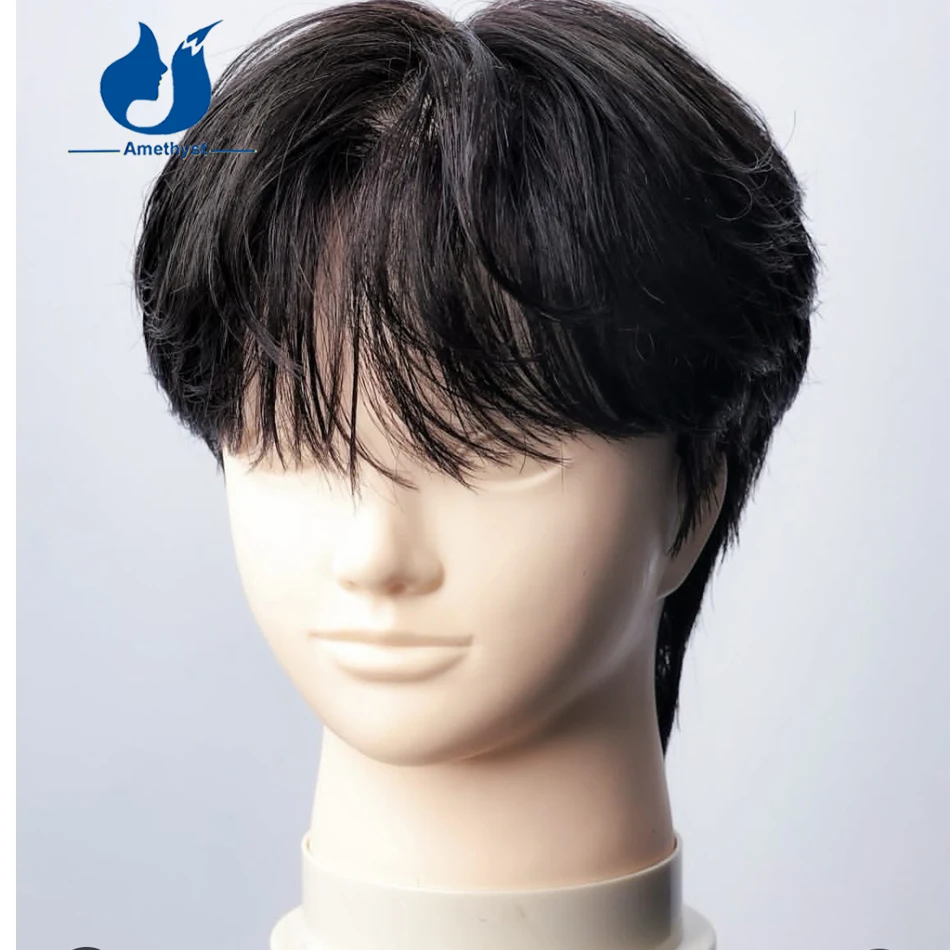 Amethyst Black Straight Short Pixie Cut Wig for Men Human Hair with Bangs Pre Plucked Full Lace Wig with Sideburns Pre Styled