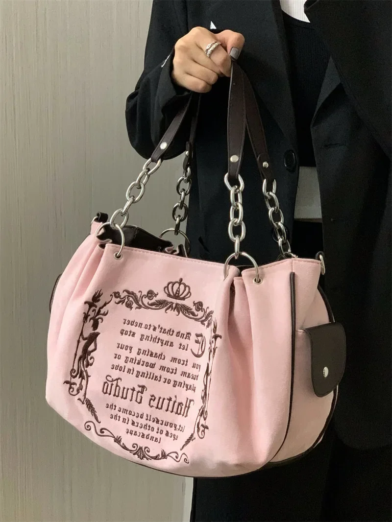 Y2K Women Pink Vintage Gothic Tote Bag Aesthetic Large Capacity Embroidery Letter Retro Ladies Grunge Chain Travel Shoulder Bags