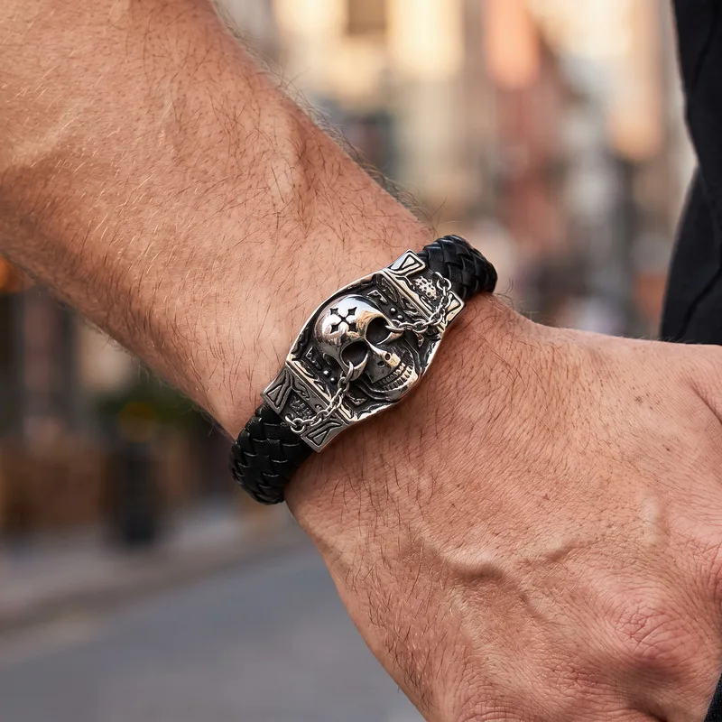 Bracelet Punk Stainless Steel Charm Magnetic Black Men's Leather Bracelets Skull Braided Bangles Jewelry Homme