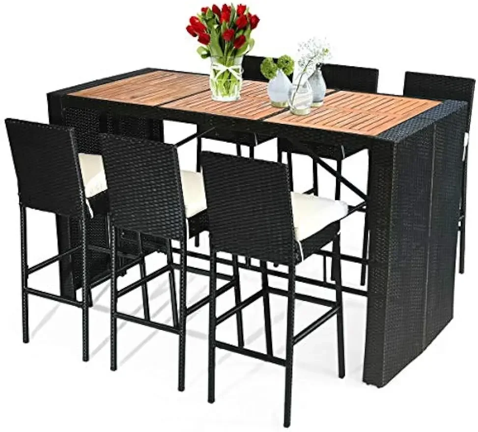 

7 PCS Outdoor Wicker Furniture with Acacia Wood Bar Table Top and Removable Cushion, Conversation Set for Dining, Patios