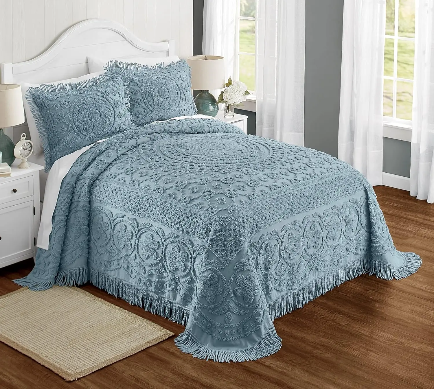 

Emily Floral Chenille Bedspread, Soft Cotton Comforter, California King Size Quilt in Blue - Luxury Hotel Bedding, California Ki