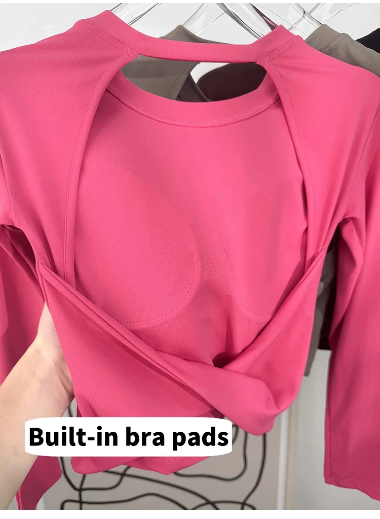 Yoga long-sleeved fixed-style sports bra; sexy backless workout top; short fitness suit for women to wear outside image 3