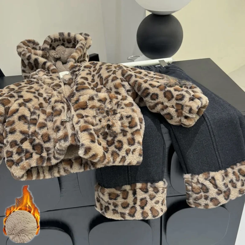 Korean Kids Zipper Hooded Coat for Girls Boy Winter Clothing New 2026 Leopard Print Double-deck Jacket Thick Warm Velvet 2-10Yrs