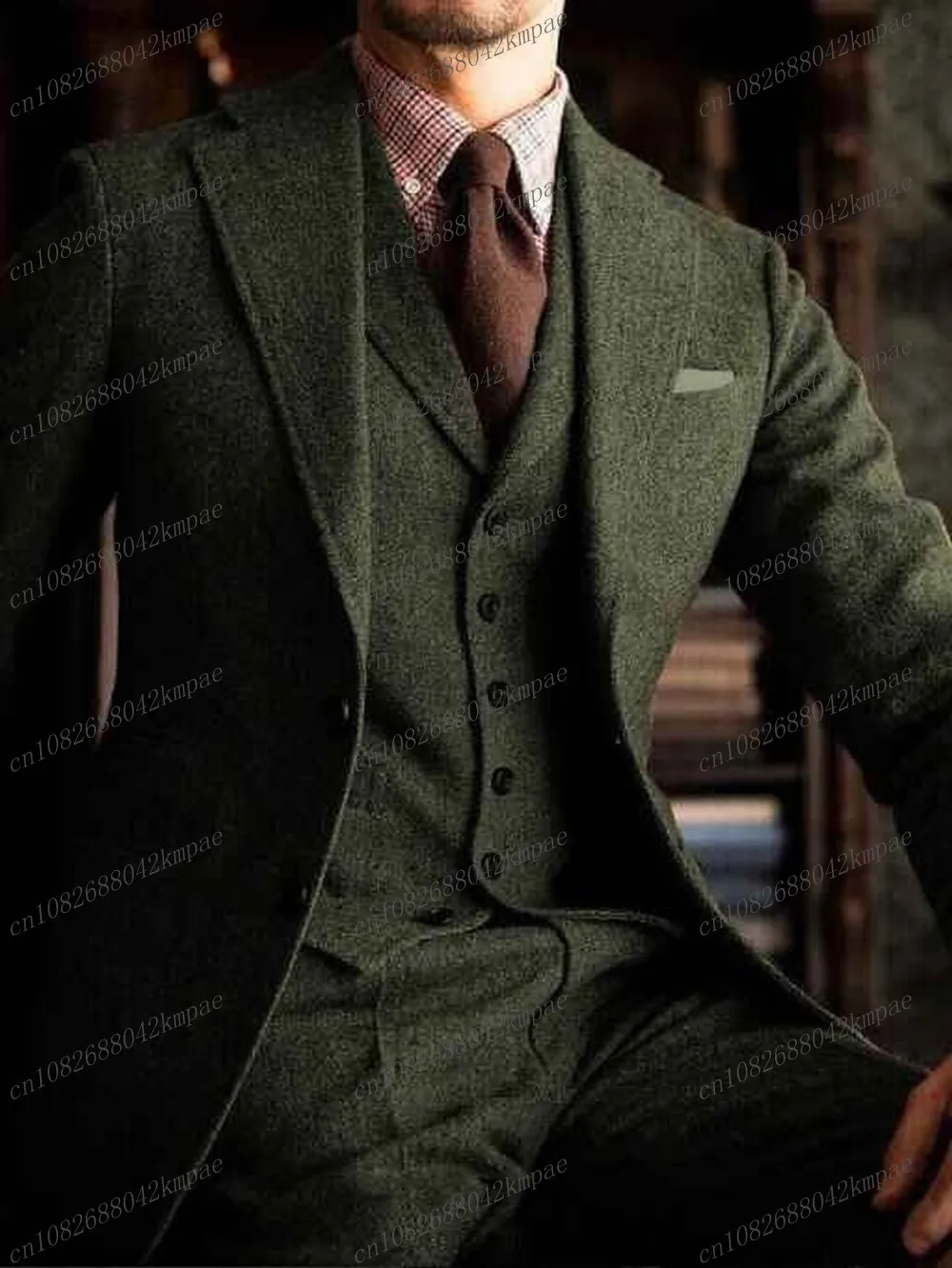 

Army Green Woolen Formal Occasion Men Suit Groom Groomsman Wedding Party Prom Business Male Tuxedos 3 Piece Set Blazer Vest Pant