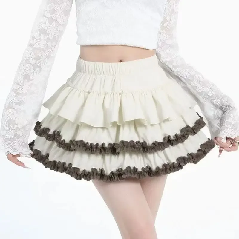 IMU Women Pleated Bubble Mini Skirt Y2k Autumn Winter Korean Fashion Elastic Waist Puffy Short Skirt Female Cute A Line Cake Ski