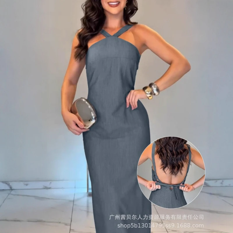 

Halterneck Dress Women Lace Up Backless Slim Fits Wrap Hip Dresses Elegant Sleeveless Vestidos Y2k Streetwear Lady Party Summer