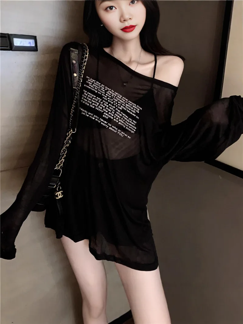 Women's See Through Sexy Tanks Tops Fashion Reversible Sheer Words Printing Hot Girl T-Shirts Loose Summer Longsleeve Clubwear
