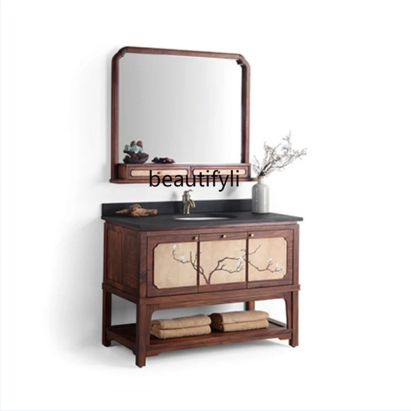 

Painted new Chinese bathroom cabinet solid wood floor wash face washbasin Mediterranean hand-painted bathroom cabinet