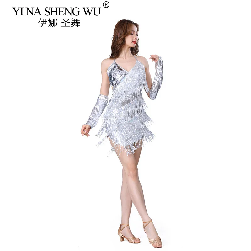 

1pcs/lot Woman Sequin Tassel Latin Dancing Dress Sexy Latin Dress Latin Salsa Dresses Fringe Dress with Gloves Rave Outfit