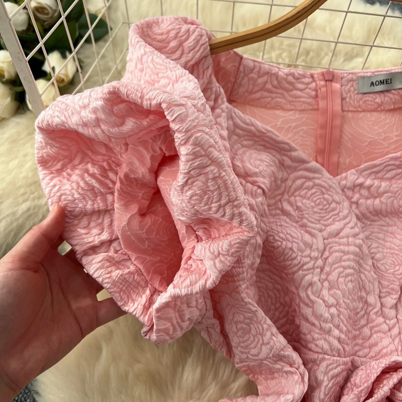 Vestido con textura de manga abombada y flores tridimensionales para mujer, industria pesada, cintura ceñida, temperamento delgado, para banquete