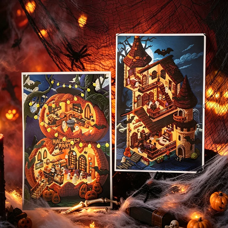 Halloween Pumpkin Party Diorama Scene Stickers Ghost Bat House PET Cutout Stickers For Journal Scrapbooking DIY Scene Making