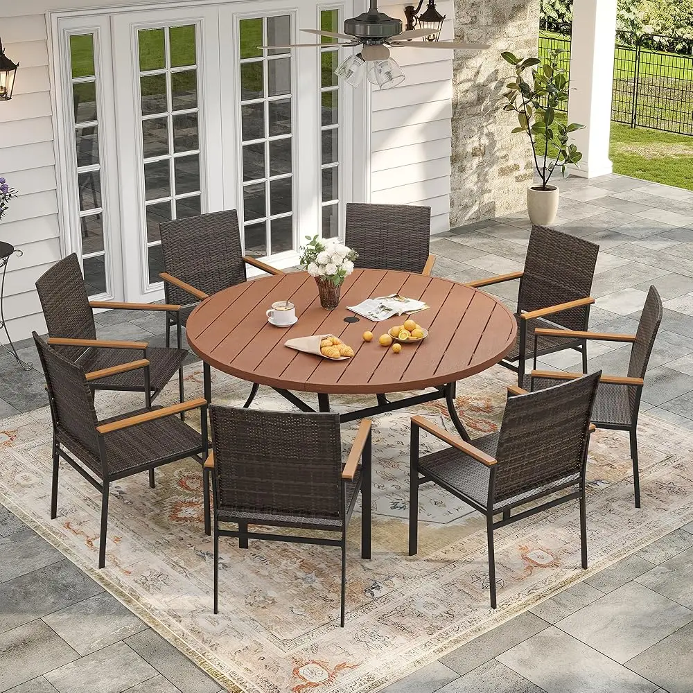 

9 Pieces Patio Dining Set, 8 Outdoor Wicker Dining Chairs And 56.3"" Round Plastic Table With Umbrella Hole For Backyard Lawn
