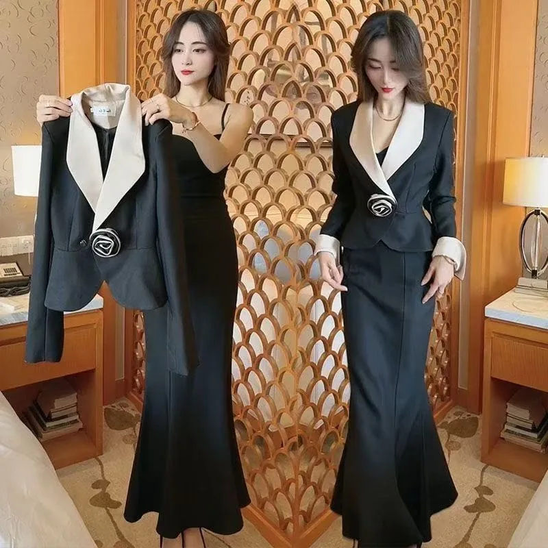 新作高級エレガント秋オフィスレディスーツ レディースファッション 花柄スリムウエストジャケットコート + ラップヒップマーメイドスカート ツーピースセット