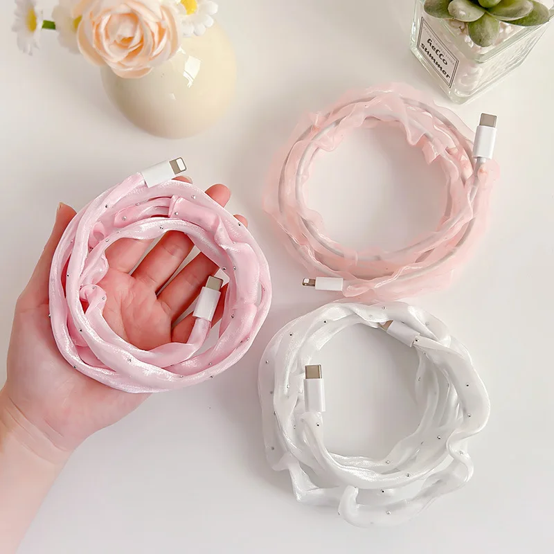 1/4/8pcs USB Cable Sleeve, Chiffon Ruffle Cover with Rhinestones, Fashion Phone Charger Cord Protector, for Various Data Lines