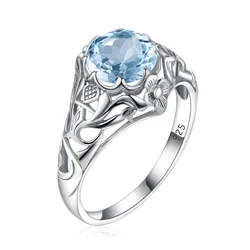 Fine Women's Rings Aquamarine Vintage Exquisite Filigree Cocktail Party Anillos De Plata 925 Original Certificada