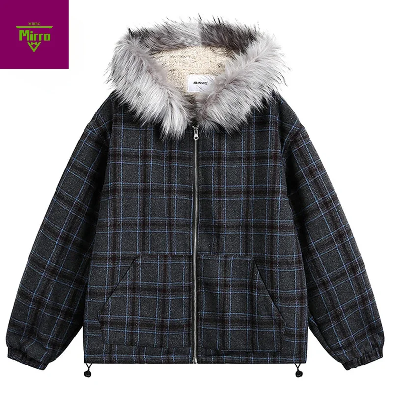 جواكت شتوية للرجال سترات منقوشة عتيقة بياقة من الفرو سترات دافئة سميكة سترات مبطنة فضفاضة غير رسمية ملابس خارجية #1