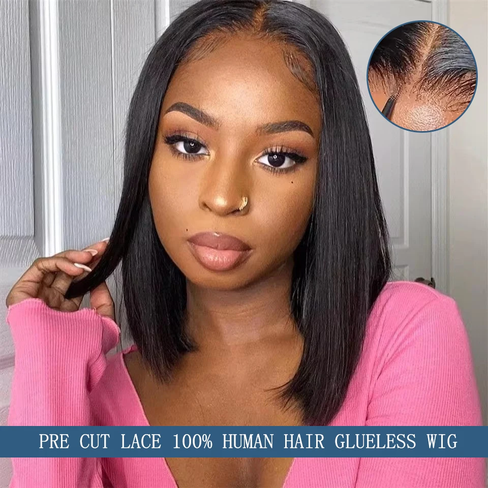 

Glueless Pre Cut Lace Straight Human Hair Bob Wigs Brazilian Wear And Go Preplucked 4x4 Straight Human Hair Lace Wigs For Women