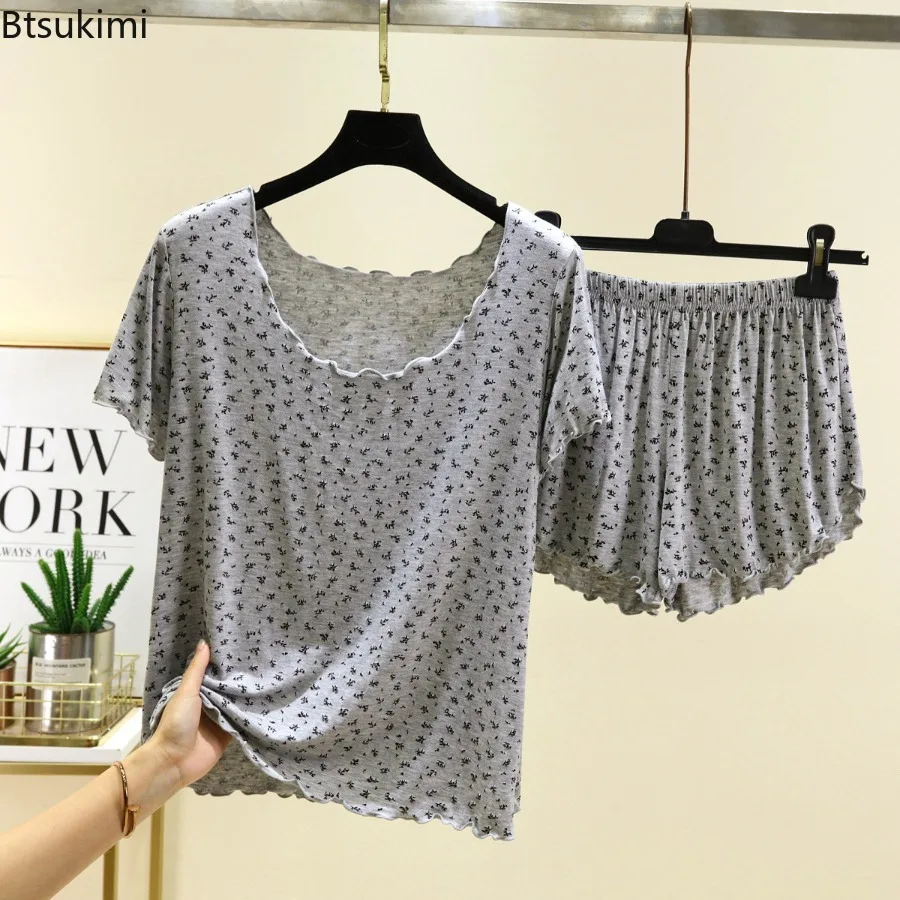 

2026 повседневные свободные шорты из модала с короткими рукавами, комплект для женщин, летняя удобная домашняя одежда, простая домашняя одежда из двух предметов с принтом