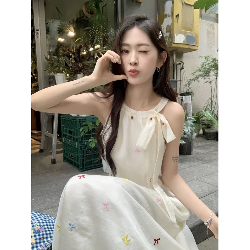 Bowknot Sweet Gentle Off-Shoulder Sleeveless Dress 2025 Summer New Waist-Slimming Elegant Versatile Long Dress