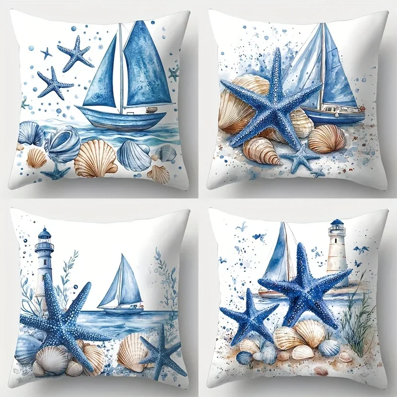Nautical Beach Scene Throw Pillow Covers Set - Coastal Starfish, Lighthouse, and Seascape Art Decor