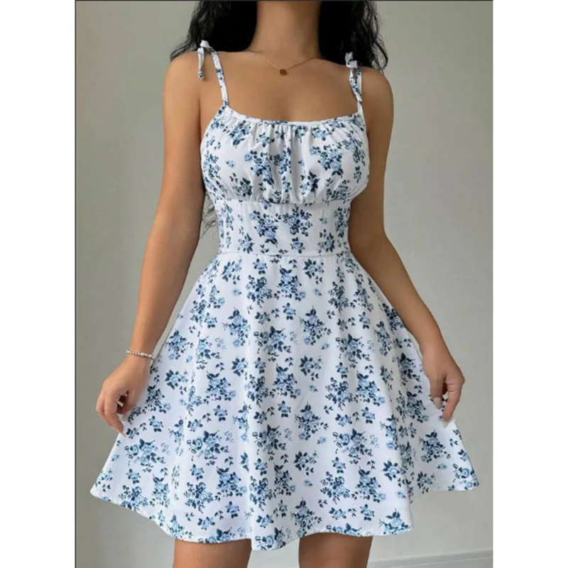 Damen Sommer Blumen-Spaghettiträger-Strandkleid Süßes A-Linien-Minikleid Locker Sitzender Schlankmachender Freizeitrock
