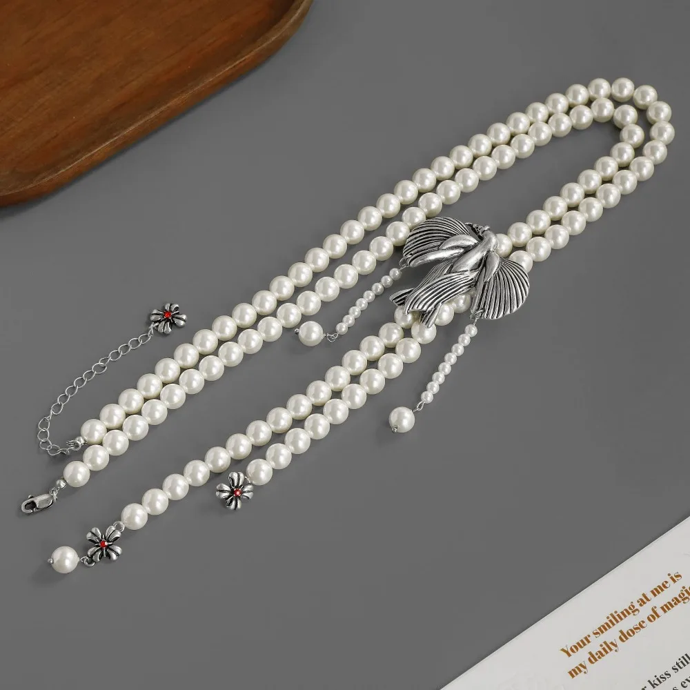 Pearl Strand Chain Dove Pendant Necklace Autumn and Winter New Personality Niche Retro Design Pearl Tassel Sweater Chain
