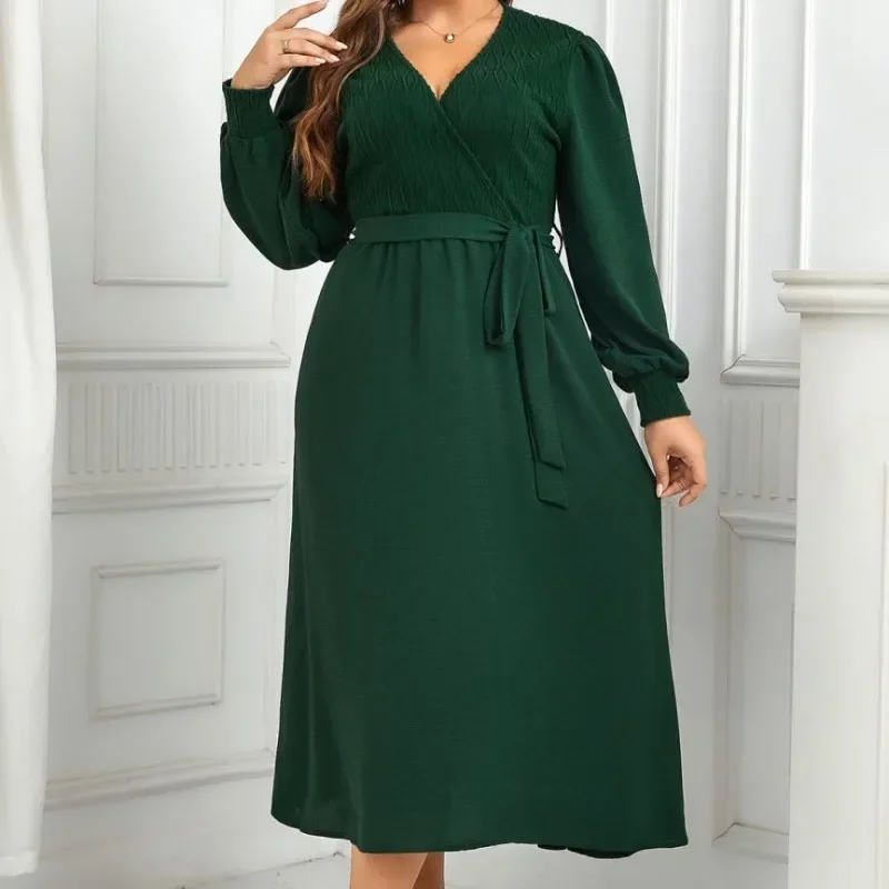 Plus Size Women Dresses Wrap V Neck Belt Elastic Long Sleeves Autumn Fall Sprimg Robe Solid Color Flowy Female Clothing